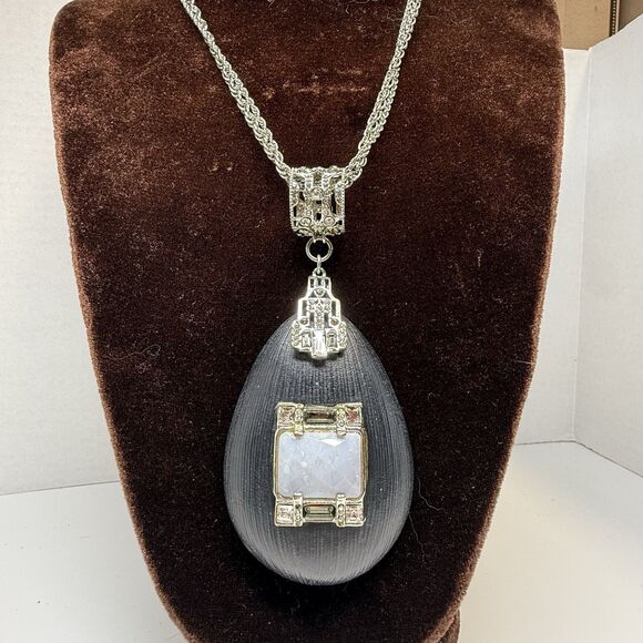 ALEXIS BITTAR Large Teardrop Lucite Black Pendant Art Deco Long Necklace Rare - Picture 3 of 12